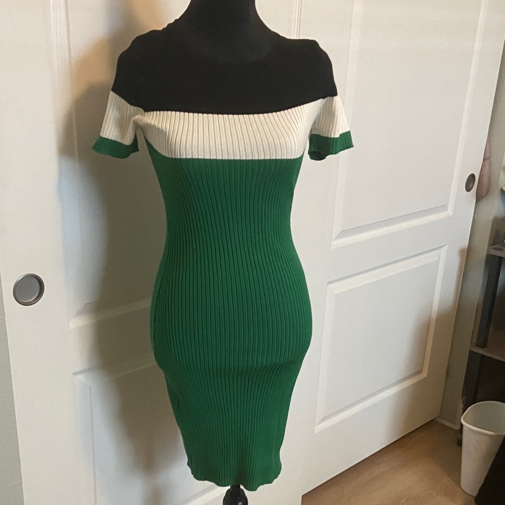 Colorblock Rib-Knit Midi Dress in Green, White & Black
